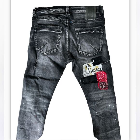 Cote De Nuits Mens Distressed Shredded Pants Patchwork Jeans Designer - Picture 3 of 12